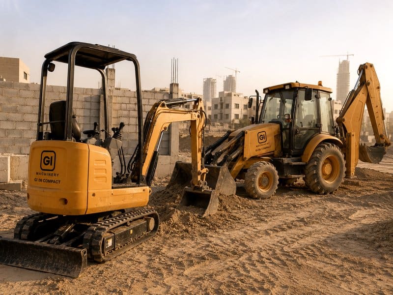Mini excavator and JCB backhoe loader on site