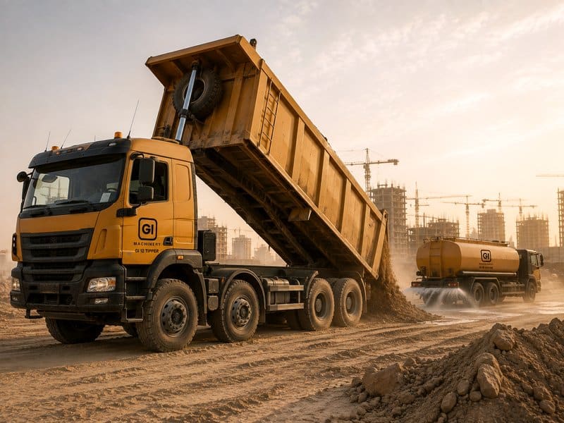 Tipper truck unloading sand and a water tanker spraying a haul road